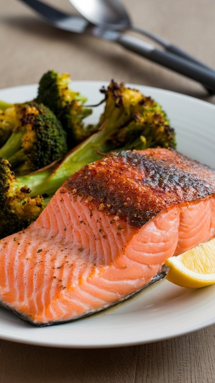 Baked salmon fillet served with roasted broccoli and lemon wedges