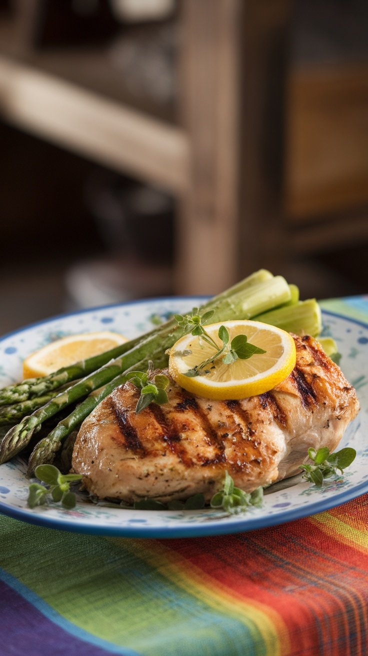 A plate of grilled chicken breast with lemon slices and asparagus.