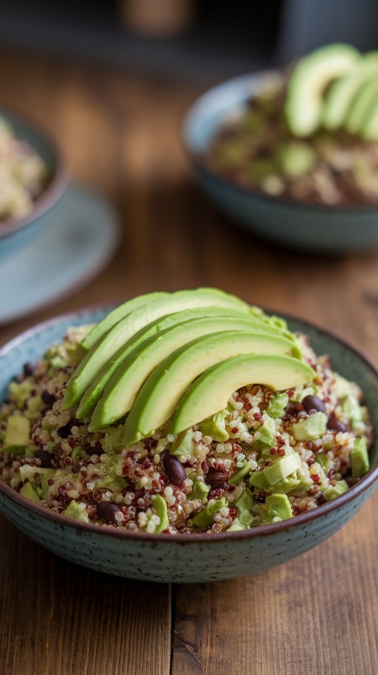 A bowl of quinoa and black bean salad topped with sliced avocado.