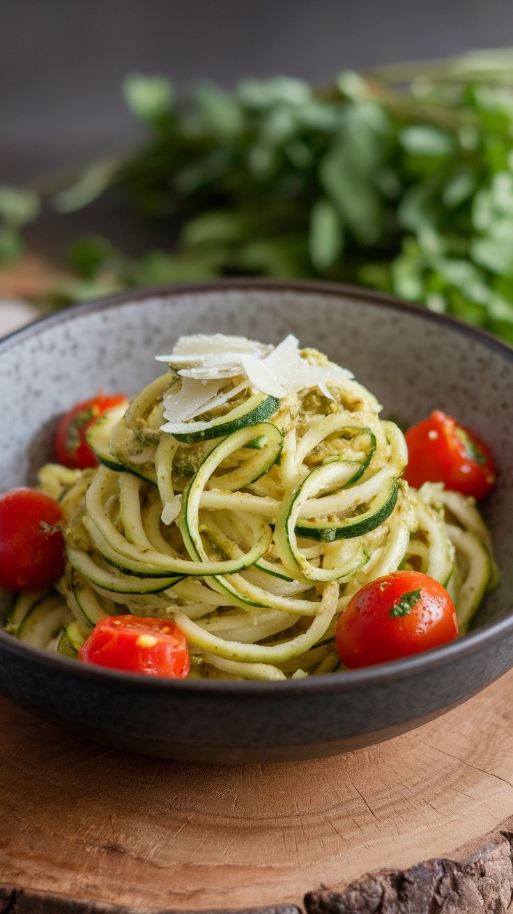 A bowl of zucchini noodles with pesto and cherry tomatoes topped with Parmesan cheese.